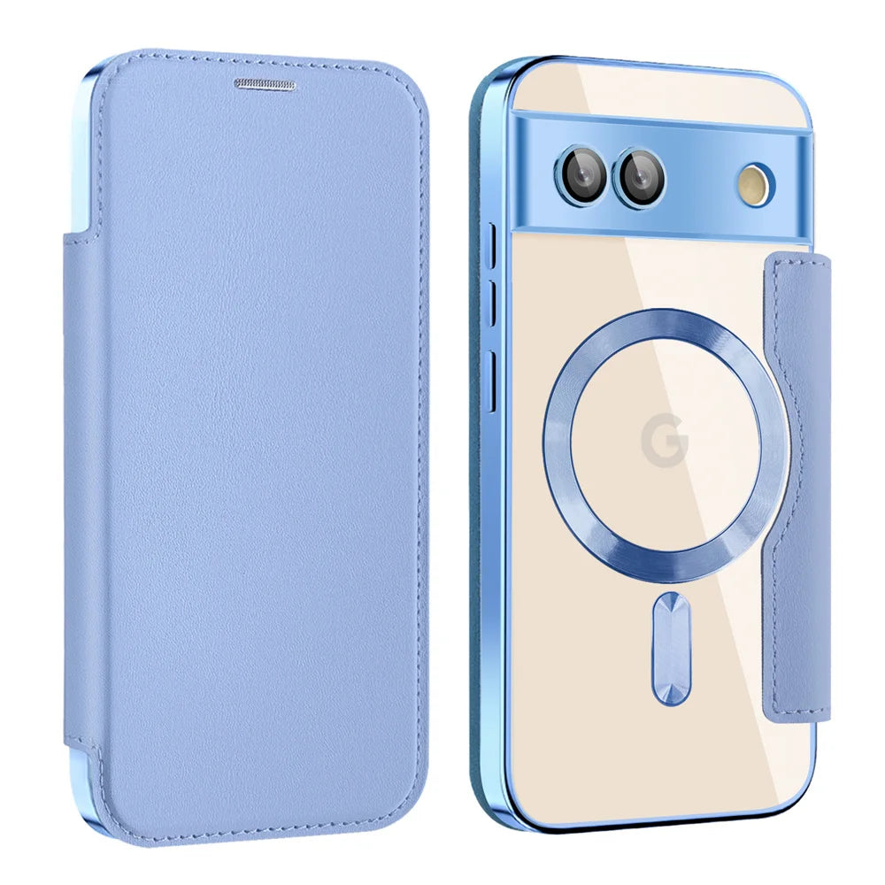 Luxury Leather Wallet Card Clip Magnetic Clear Phone Case for Google Pixel 9 Pro XL 8A 7A Plating Wireless Charging Flip Cover