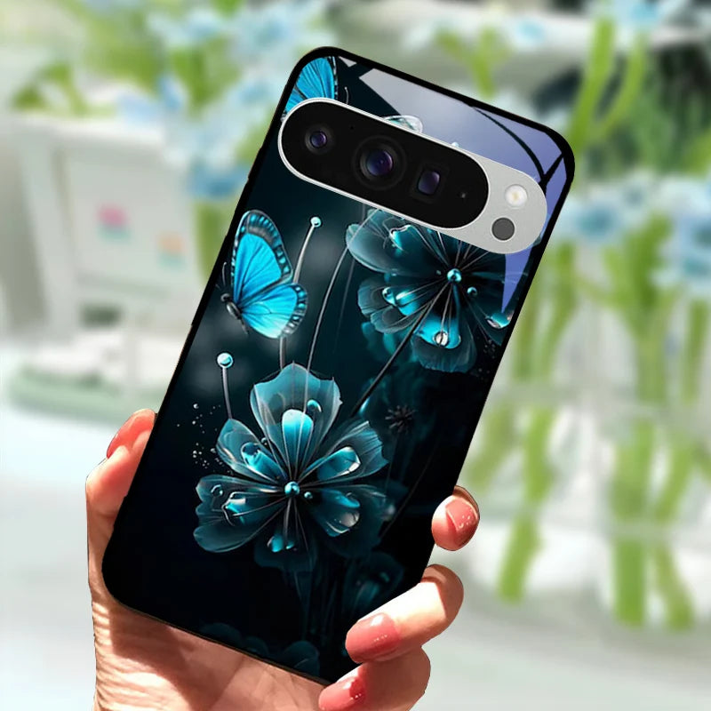 Fashion Glass Case For Google Pixel 9 Pro XL Tempered Glass  Black Phone Cover For Google Pixel 9a Pixel9 Funda Protector Cases