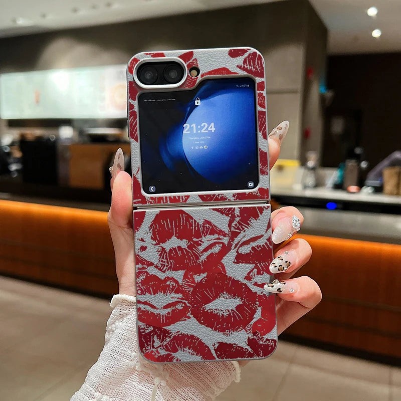 Red Lips Print Folding Phone Case For Samsung Galaxy Z Flip 6 5 4 3 Leather Texture TPU Cover For Samsung Z Flip6 Flip5 Flip4 5G