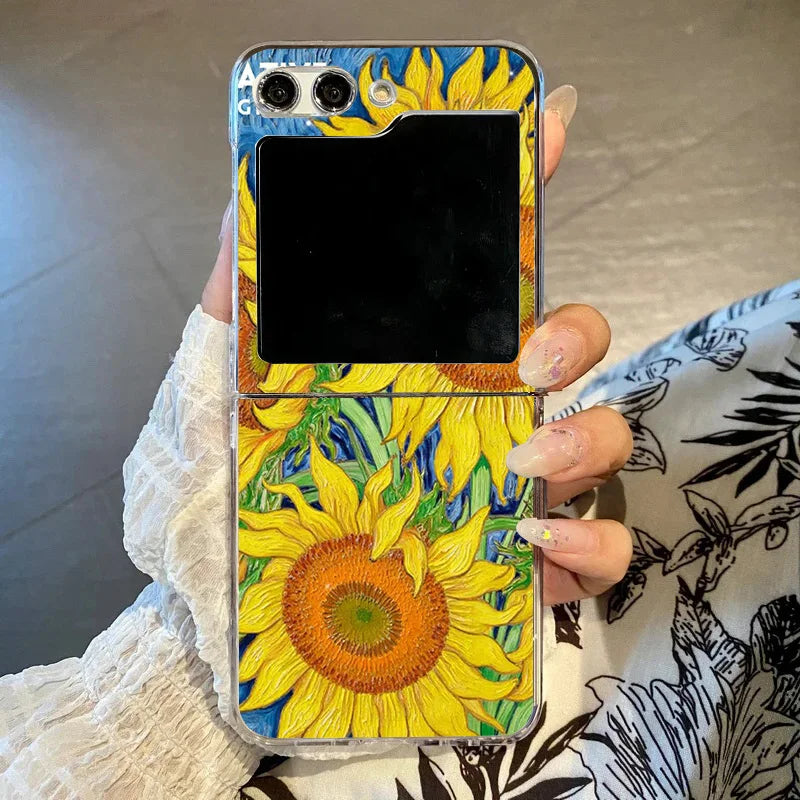 Art Van Gogh Sunflower Cat Oil Painting Phone Case For Samsung Galaxy Z Flip 6 5 7 3 4 Clear Hard PC Folding Cover For Z Flip 5