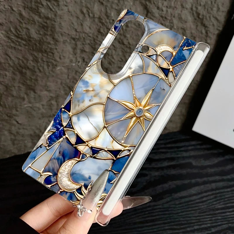 Clear Magnetic Auto Adsorption Phone Case For Samsung Galaxy Z Fold 7 6 Fold7 Fold6 Fold5 5G Vintage Moon Print Hard PC Cover