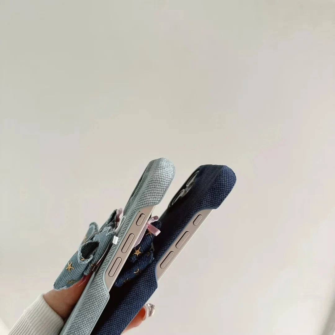 Sweet Bow Denim Stand Case Hard Back Cover for Google Pixel 7 7A 8 8A 9 9A 9 Pro XL10 10Pro with Adorable Bow Kickstand, Bracket