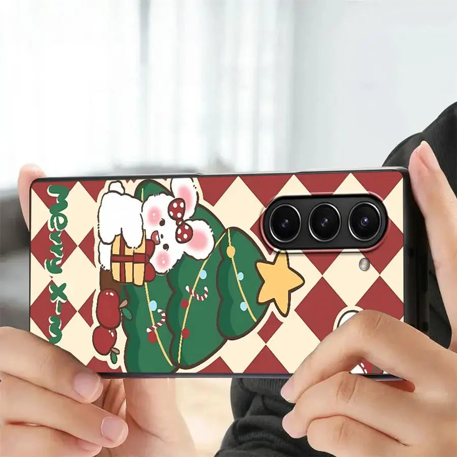 Back Phone Cover Case for Samsung Galaxy ZFold3 ZFold6 ZFold5 Z Fold 7 6 5 4 3 ZFold7 ZFold4 Christmas Cartoon Rabbit
