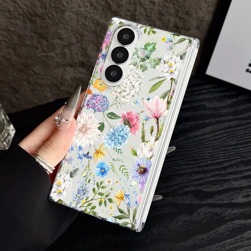 Magnetic Adsorption Clear Phone Case For Samsung Galaxy Z Fold 7 6 Fold7 Fold6 Fold5 5G Colorful Plant Printing Hard Back Cover