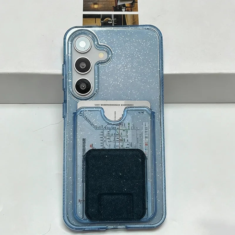 Glitter Transparent Card Wallet Case For Samsung Galaxy S26 S25 S24 S23 Ultra Plus Luxury Shockproof Stand Pocket Phone Cover