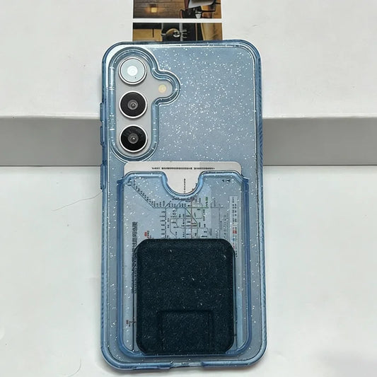 Glitter Transparent Card Wallet Case For Samsung Galaxy S26 S25 S24 S23 Ultra Plus Luxury Shockproof Stand Pocket Phone Cover