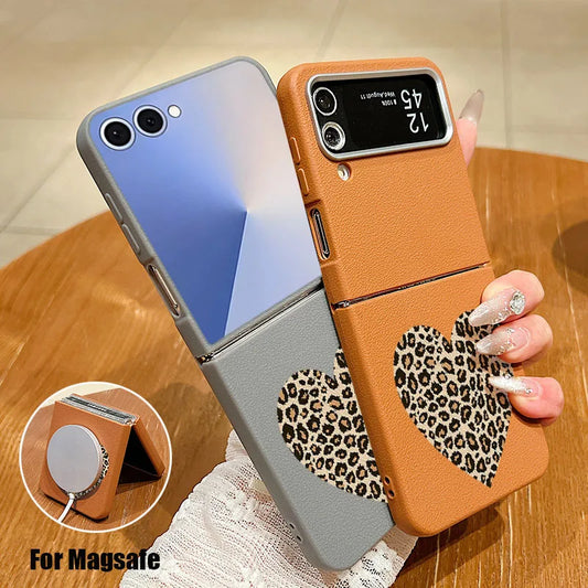 Leopard Print Big Heart Phone Case For Samsung Galaxy Z Flip7 FE Flip6 Flip 7 6 5 4 3 For Magsafe Wireless Charge Folding Cover