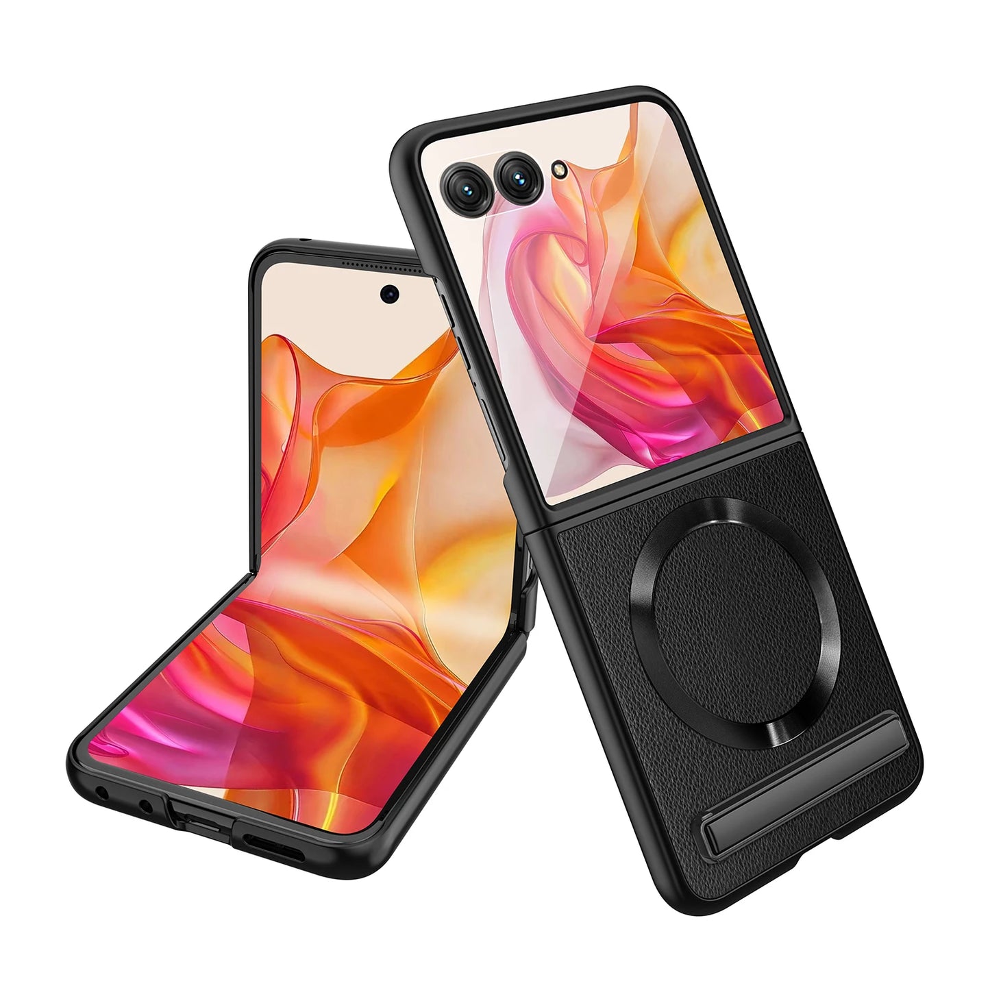 Luxury Leather Magsafe Ring Case For Motorola MOTO RAZR 50 Ultra RAZRPlus 2024 Kickstand Holder Cover 9H HD Glass Film Protector