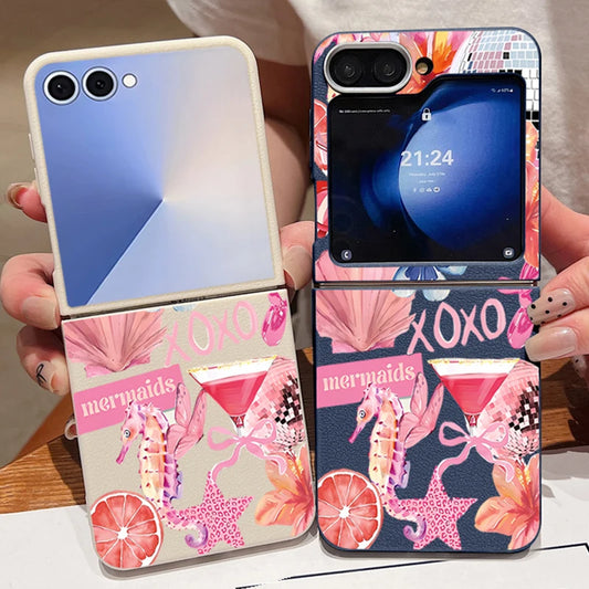 Shell Flower Print Phone Case For Samsung Galaxy Z Flip 7 FE 6 5 4 3 Folding Leather Texture Soft TPU Cover For Samsung Z Flip7