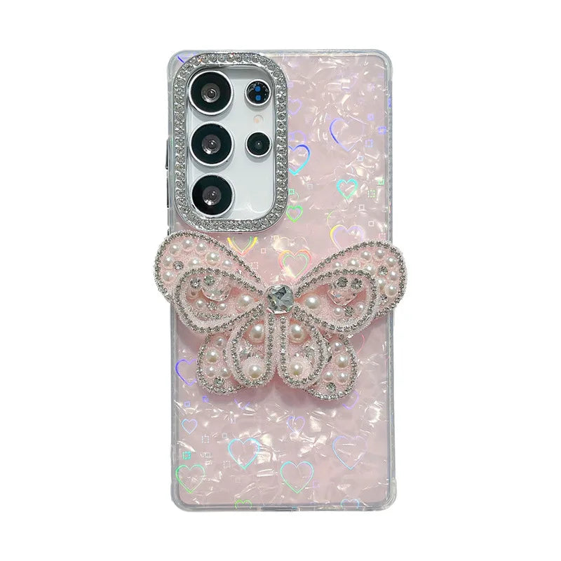3D Laser Giltter Diamond Butterfly Case For Samsung Galaxy S24 S25 Plus Ultra FE S25 Edge With Wrist Strap Shockproof Cover