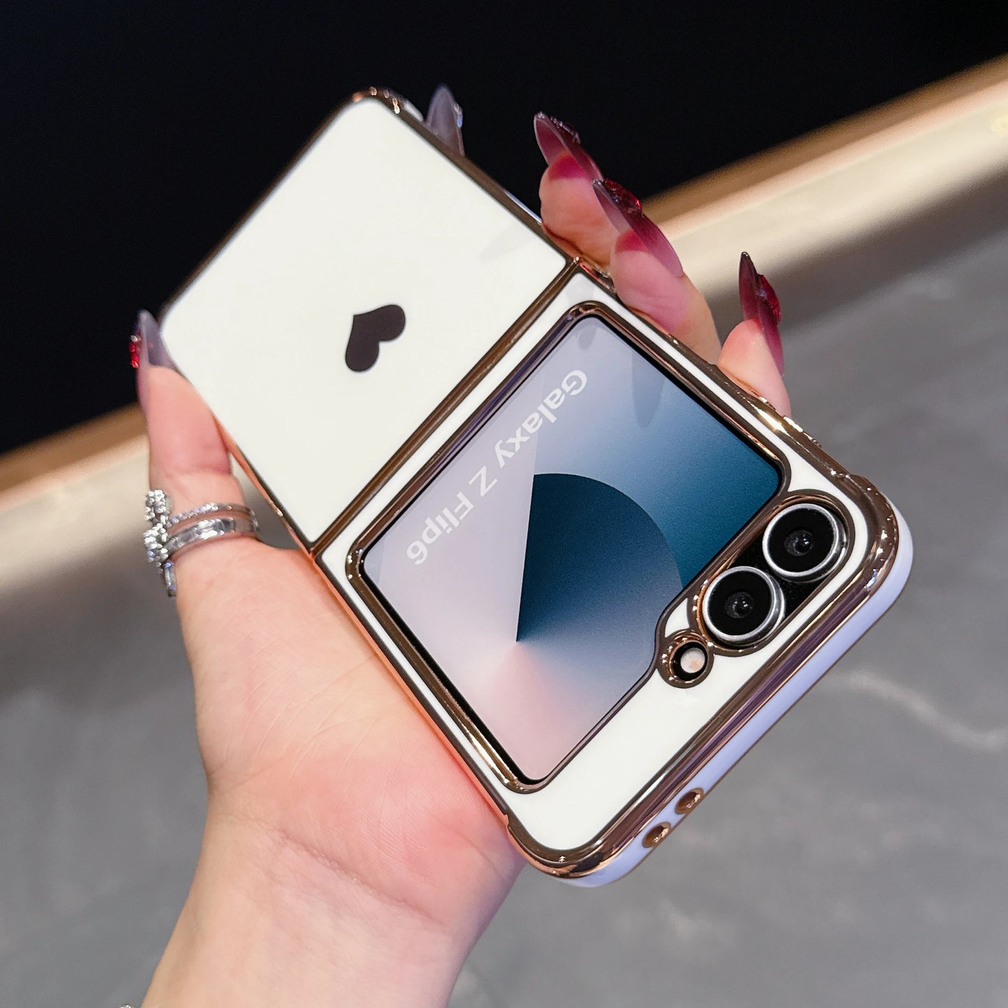 For Samsung Galaxy Z Flip 7 FE 6 5 Love Heart Pattern Fold Phone Case Luxury Electroplated Shockproof Soft Cover