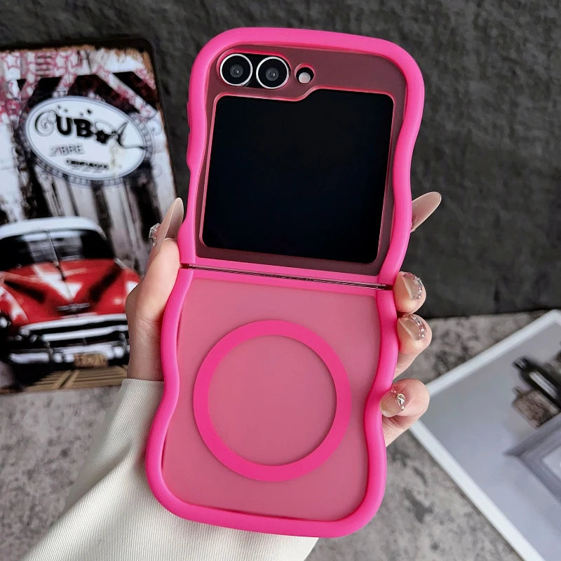 Stylish Big Wave Magnetic Matte Case For Samsung Galaxy Z Flip 3 4 5 6 7 5G ZFlip7 Flip6 5G Translucent Frosted Back Cover Funda