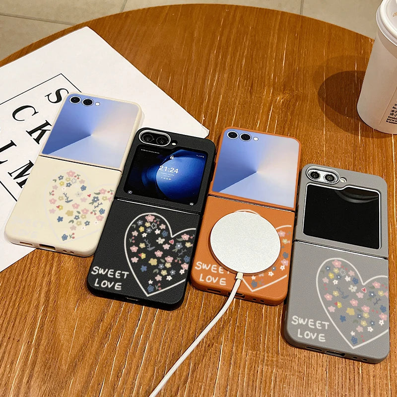 Magnetic Sweet Love Pattern Phone Case For Samsung Galaxy Z Flip7 FE Flip6 Flip 7 6 5 4 3 5G For Magsafe Soft TPU Folding Cover