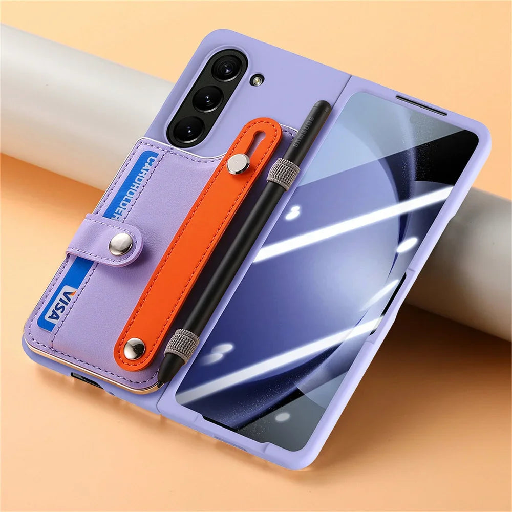 For Samsung Galaxy Z Fold 6 5 Fold6 Fold5 5G Card Slot Wallet Case with Pen Holder & Screen Protector Wrist Strap Cover(NO Pen)