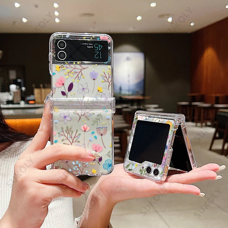 Flower Pattern Folding Case For Samsung Galaxy Z Flip7 FE Flip7 Flip6 Clear Shockproof Cover For Samsung Galaxy Z Flip 7 6 5 4 3