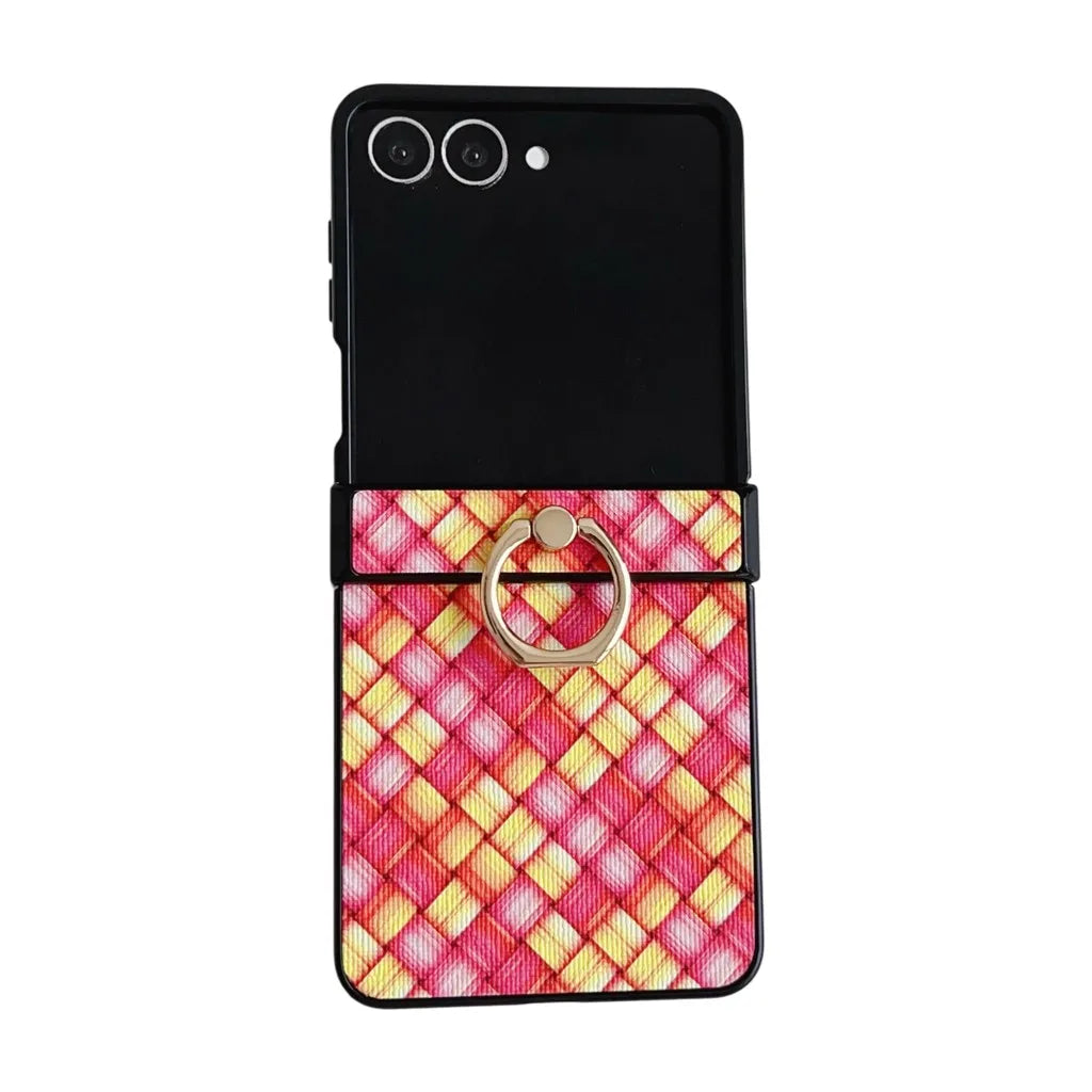 Dazzling Color Weave Pattern Case For Samsung Galaxy Z Flip 7 SE 6 5 4 3 ZFlip7 5G 3-piece Set With Finger Ring Colorful Cover