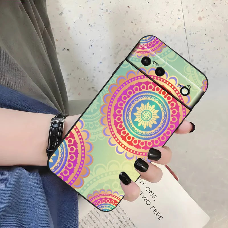 Mandala Flowers Beautiful Art For Google Pixel 9 8 7A 7 6A 6 5A 5 4 4A XL 5G Black Silicon Shockproof Shell Back Phone Case