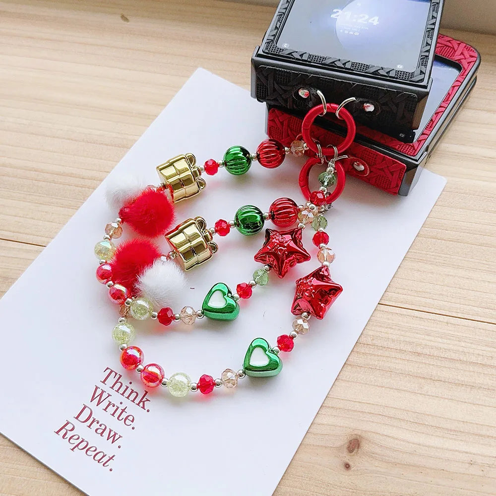 For Moto Motorola Razr 50 Ultra Cute Christmas Lucky Star Heart Fur Ball Pearl Wrist Chain Strap Phone Case Cover