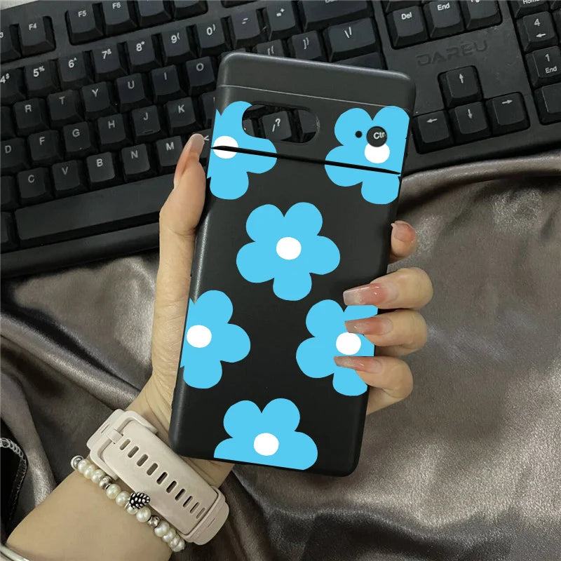 INS Cute Pink Daisy Flower Phone Case For Google Pixel 8 Pro 8A 9 Pro XL 10 7 6A 5G Fashion Floral Black Soft Silicone Cover Bag