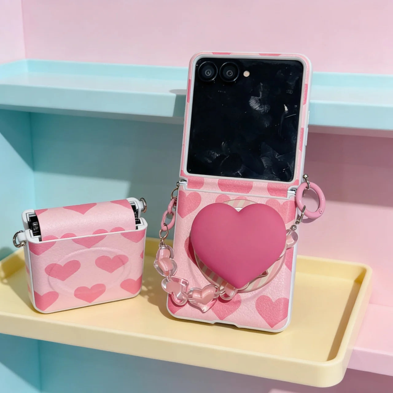 for Samsung Galaxy Z FLIP 7 FE 6 5 flip7 3in1 Rope Strap Magnetic Holder Fold Phone Case Cute Pink Love Heart Cover﻿﻿﻿﻿﻿