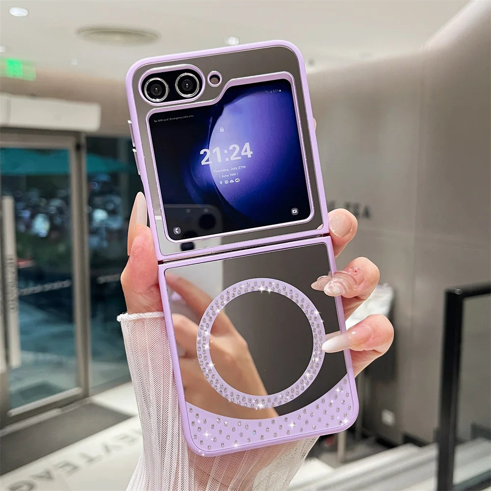 For Magsafe Glitter Diamond Magnetic Case For Samsung Z Flip 6 5 flip 4 3 flip6 zflip6 5G Wireless Charging Make Up Mirror Cover