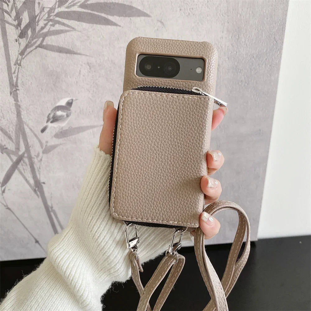 For Google Pixel 9 8 7 6 5 Pro XL 8 A 7A 6A Phone Case  Leather Litchi Wallet Card Bag Shoulder Strap Lanyard Stand Holder Cover
