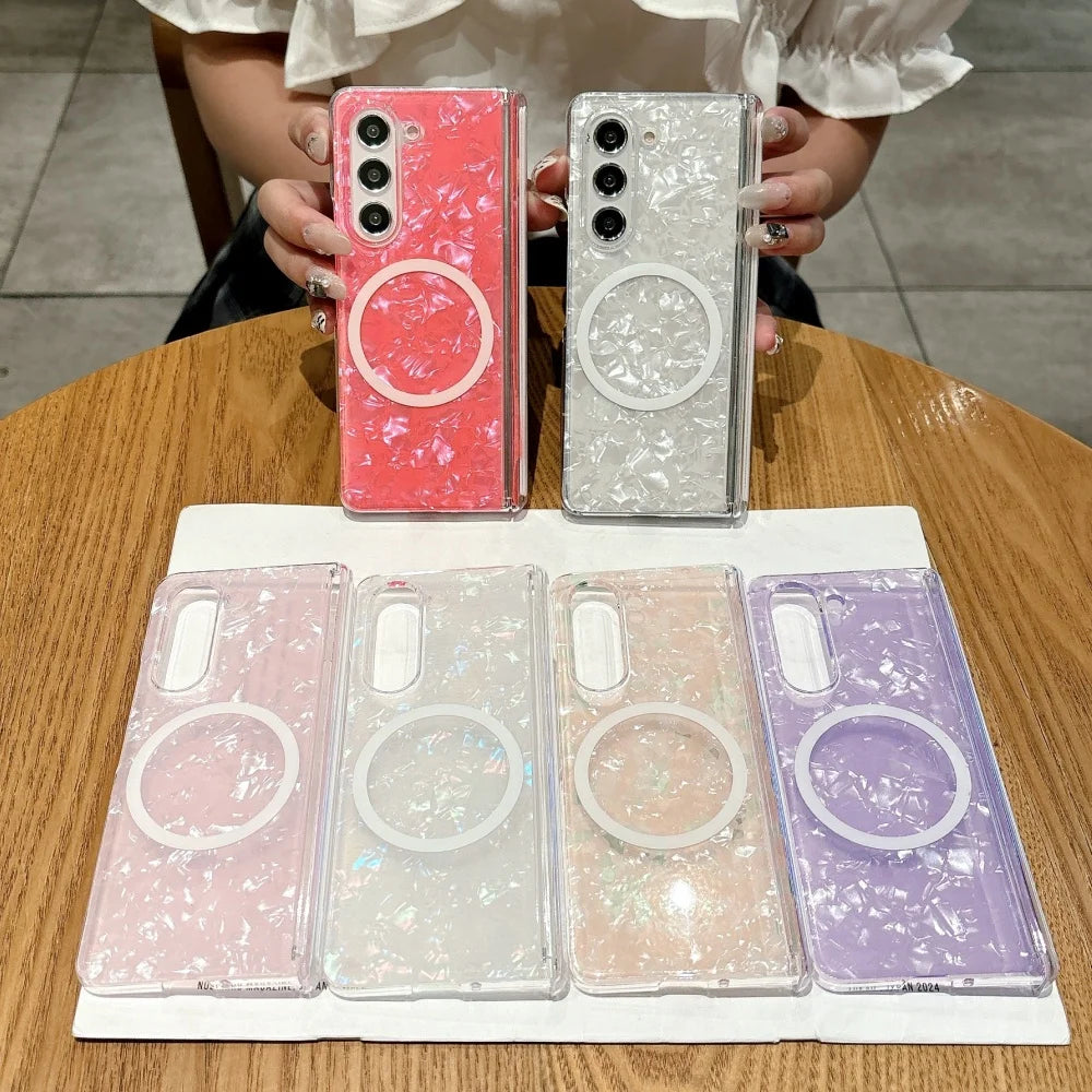 Dreamy Shell Pattern Magnetic Hinge Case For Samsung Galaxy Z Fold 7 6 5 4 5G Wireless Charging Ultra Thin Hard PC Bumper Cover