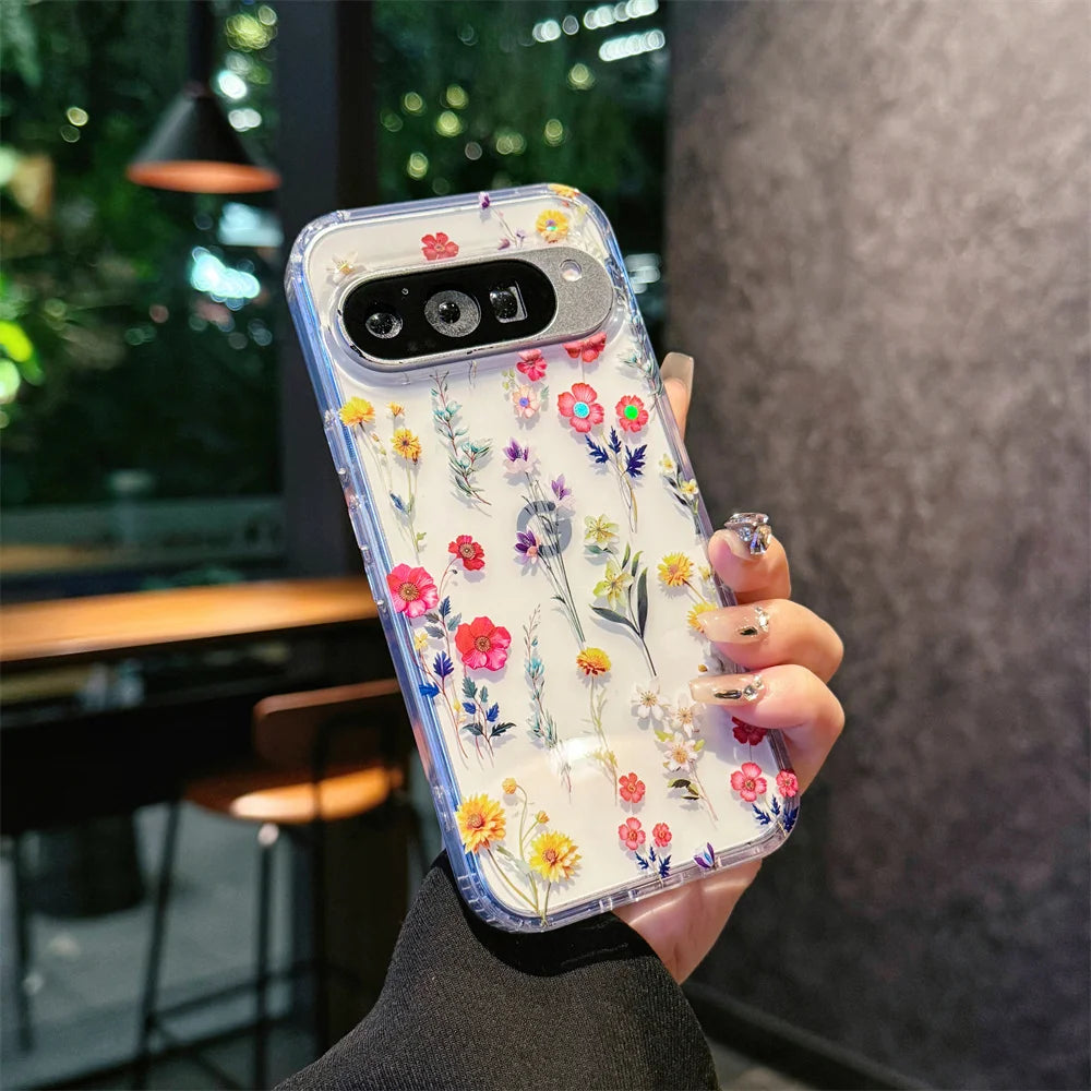 Painting Flower Pattern Clear Phone Case For Google Pixel 10 9 Pro XL 10 9 Pro 9A Printing Floral Shockproof Bumper Hard Cover