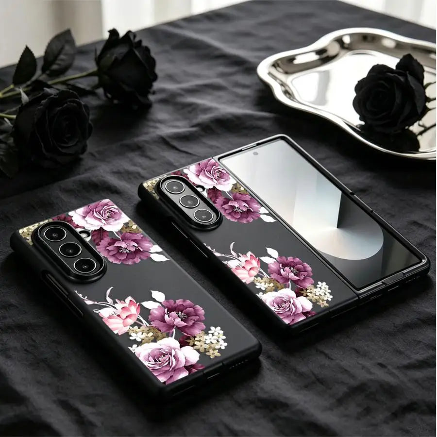 Purple Peony Print Case for Samsung Galaxy Z Fold 8 Z Fold 7 6 5 4 3 ZFold3 ZFold4 ZFold6 ZFold7 ZFold5 Back Phone Cover