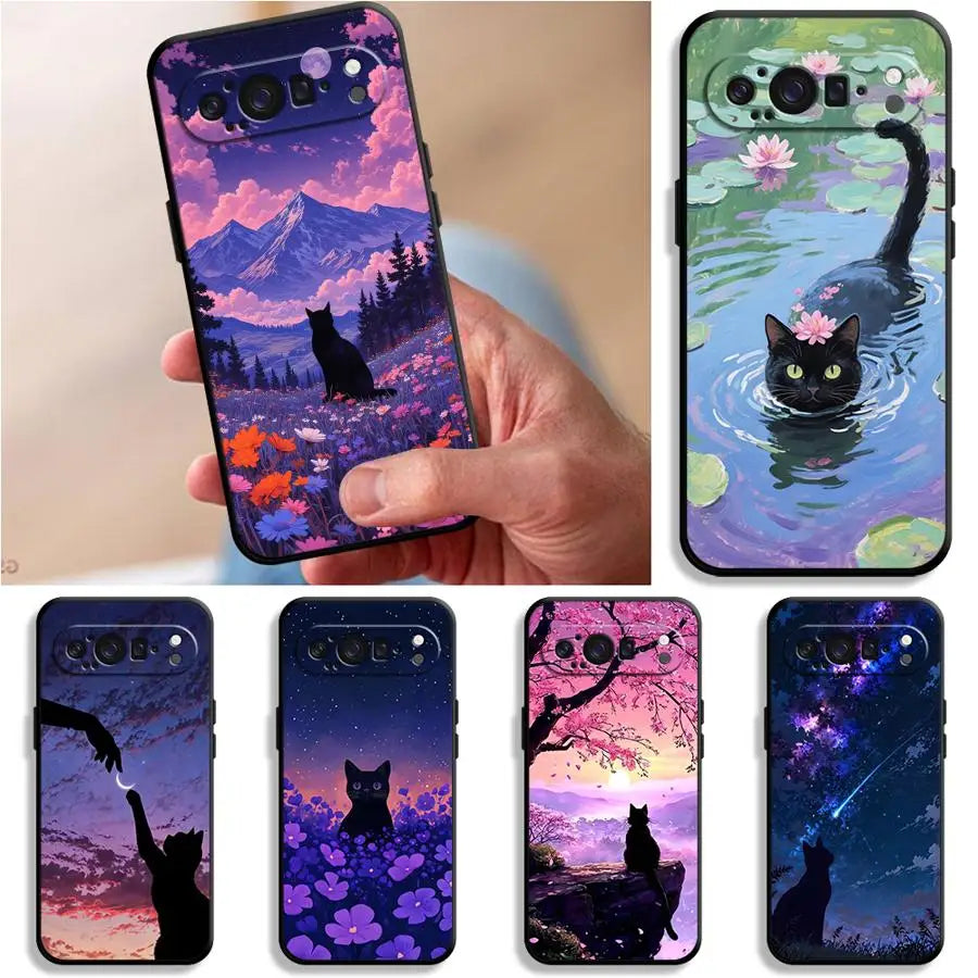 Funda Phone Cover Case for Google Pixel 10A 6 7 8 Pro 10 9 Pro XL 6a 7a 9a 8a Cartoon Night Sky Cat