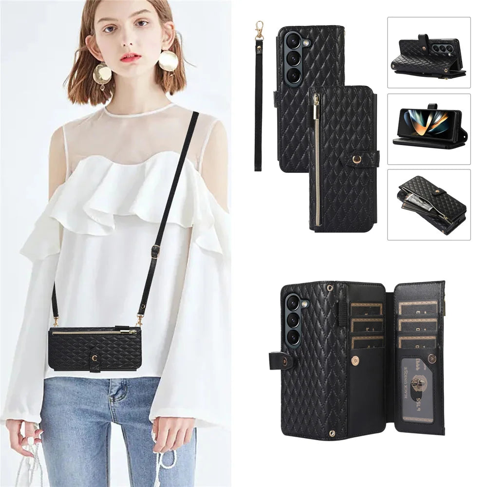Rhombic Zipper Crossbody Wallet Case For Samsung Galaxy Z Fold 6 Fold 5 4 3 Cards Slots Long Lanyard Leather Cover