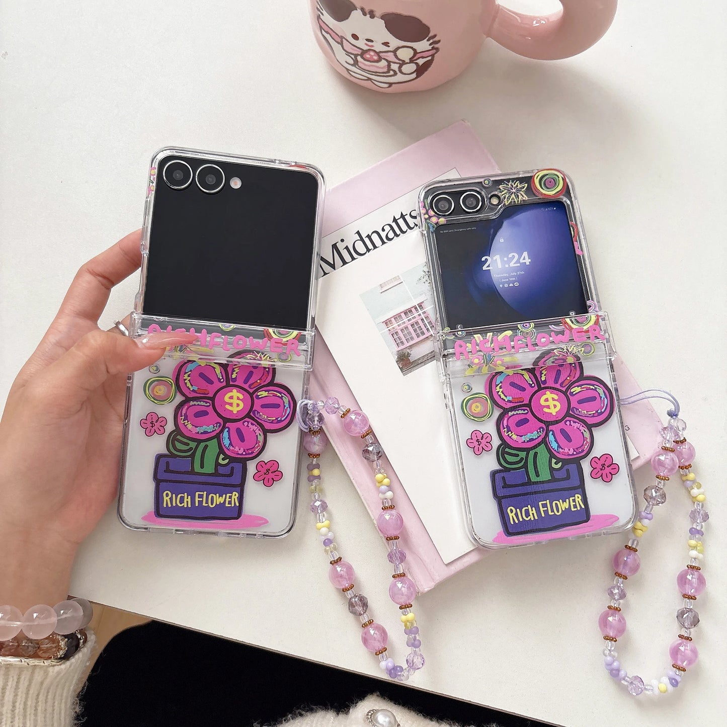 for Samsung Galaxy Z FLIP 7 6 5 4 3 flip7 flip6 2in1 Rope Strap Pendant Fold Phone Case Ins New Rich Flowers Shockproof Cover