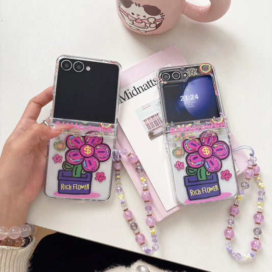 for Samsung Galaxy Z FLIP 7 6 5 4 3 flip7 flip6 2in1 Rope Strap Pendant Fold Phone Case Ins New Rich Flowers Shockproof Cover