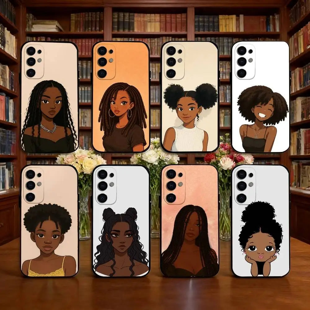 Cartoon African Black Girl Phone Case For Samsung S25,S24,S21,S22,S23,S30,Ultra,S20,Plus,Fe,Soft Silicone Black Cover