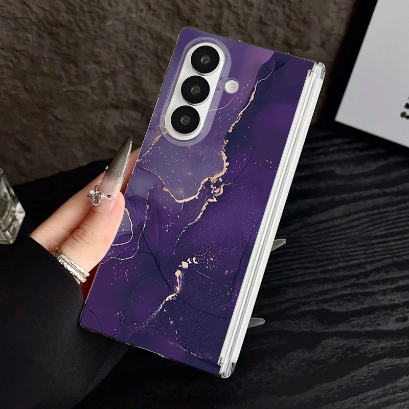 Magnetic Adsorption Clear Case For Samsung Galaxy Z Fold 7 6 5 Fold7 Fold6 Fold5 5G Retro Marble Pattern Shockproof Phone Cover