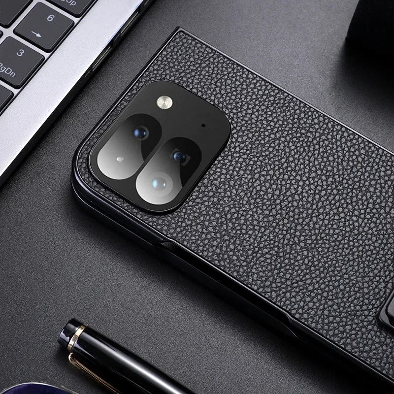 For Google Pixel 9 Pro Folding Case ELVEV Luxury PU Leather + TPU Camera Protection Cover with Metal Kickstand