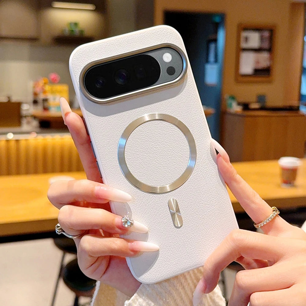 For Magsafe Magnetic Case For Google Pixel 10 Pro XL 10A Plating PU Leather Shockproof Bumper Protection Cover
