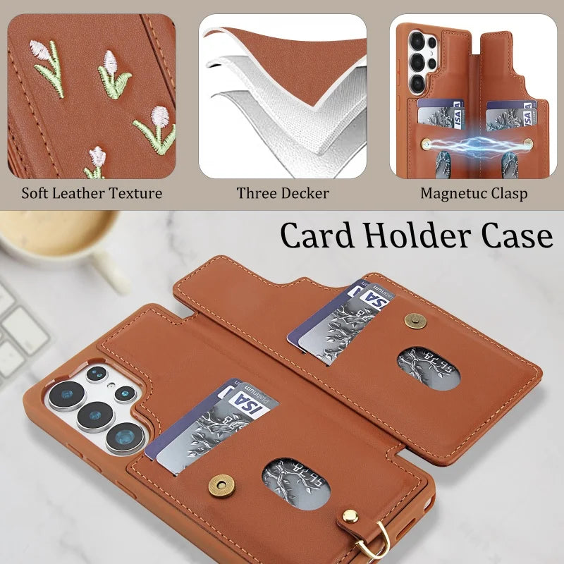 Lanyard Leather Wallet Phone Case For Samsung Galaxy S25 Edge Ultra S24 FE S23 Plus A56 A36 A16 A55 A35 A15 A54 A34 A14 Cover