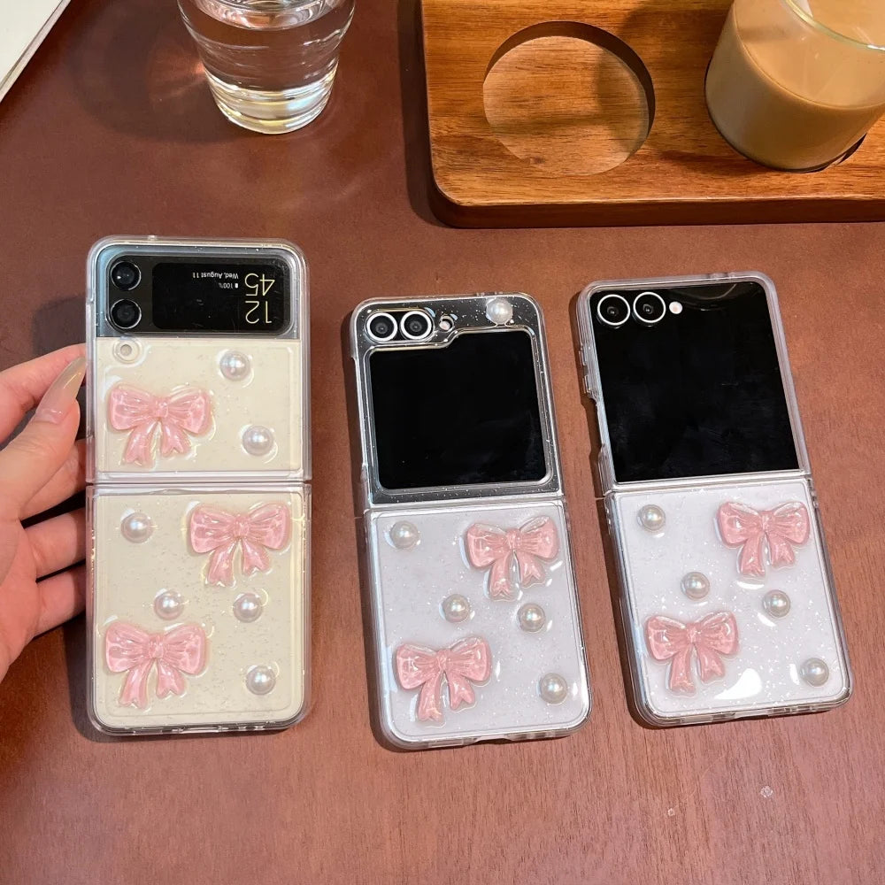 3D Pink Bow Glitter Transparent Phone Case for Samsung Galaxy Z Flip 8 7 6 5 7FE Pearl Clear Resin Cover for Samsung Z Flip 8