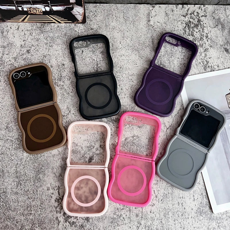 Stylish Big Wave Magnetic Matte Case For Samsung Galaxy Z Flip 3 4 5 6 7 5G ZFlip7 Flip6 5G Translucent Frosted Back Cover Funda