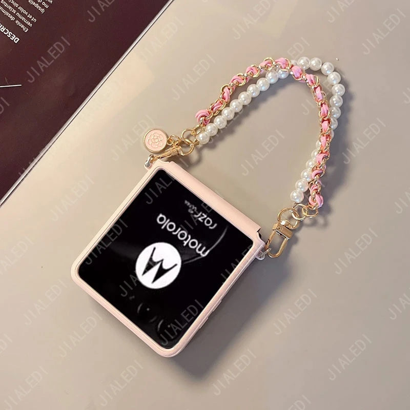 Flower Hand Strap Rhinestone Rhombus Leather Phone case For Motorola Razr 50 60 Ultra Moto Razr60 Plus