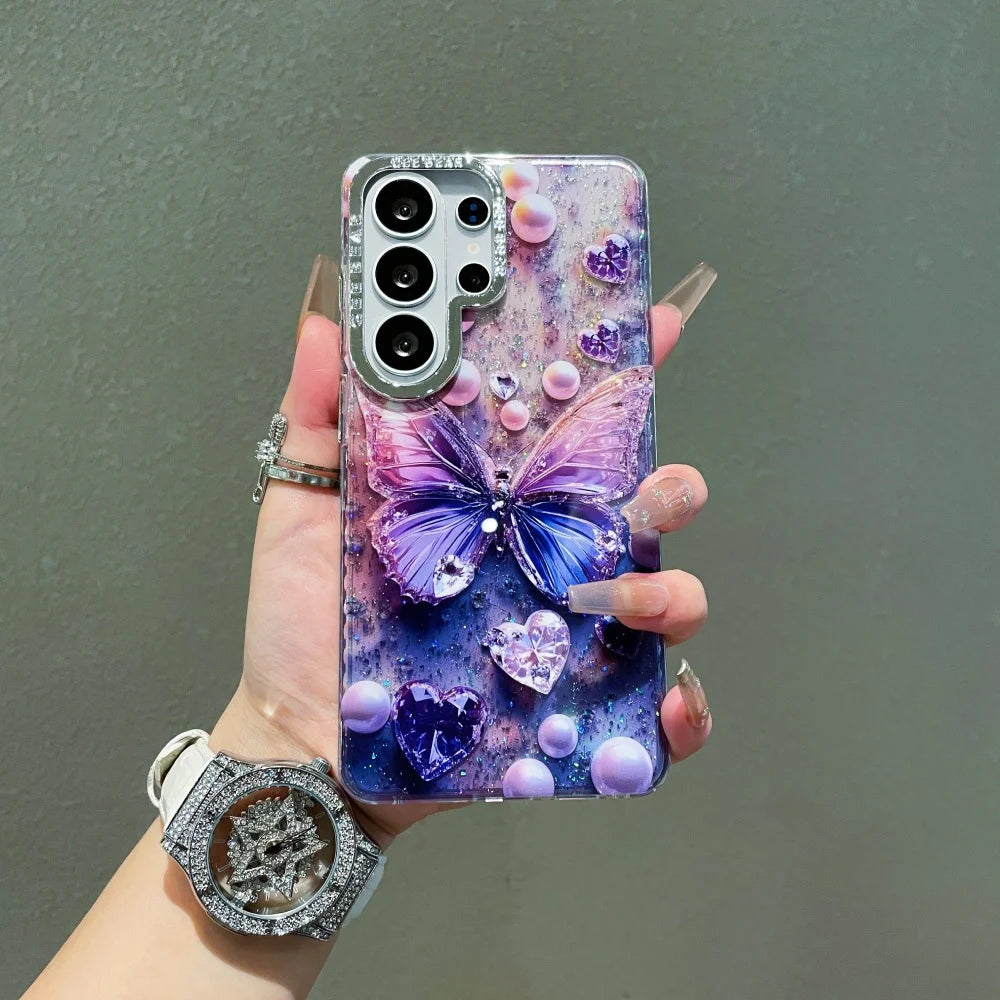 Ins Fashion Butterfly Glitter Cute Case for Samsung Galaxy S26 S24 S25 Plus S23 Ultra S26ultra Bing Love Shockproof Cover Shell