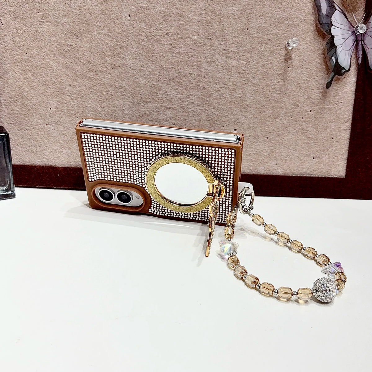 Full Diamond Butterfly Mirror Stand‌ Phone Case for Samsung Galaxy Z Fold8 Fold 8 Wide Shockproof Fashion Strap Slim Fit Cover
