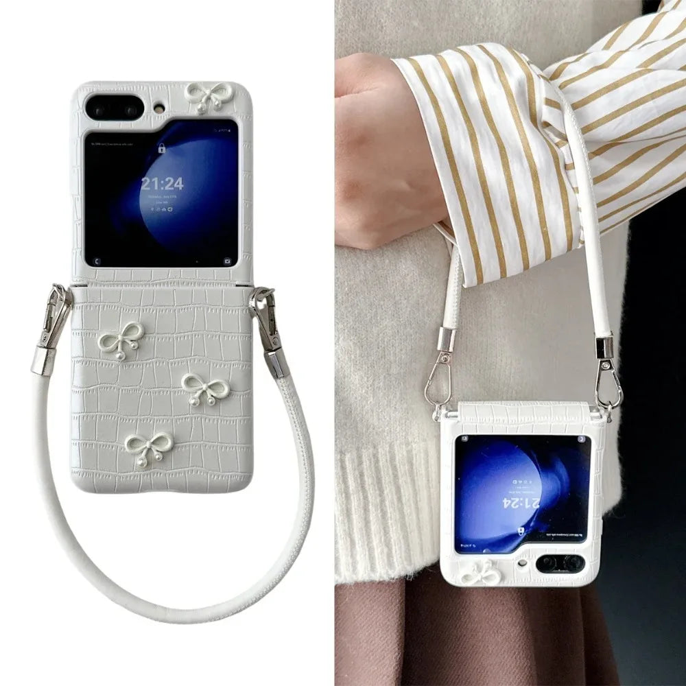 Shockproof Crocodile Pattern PU Leather Bowknot Phone Case for Samsung Galaxy Z Flip 7 FE 6 5 4 3 Wrist Strap Protection Cover