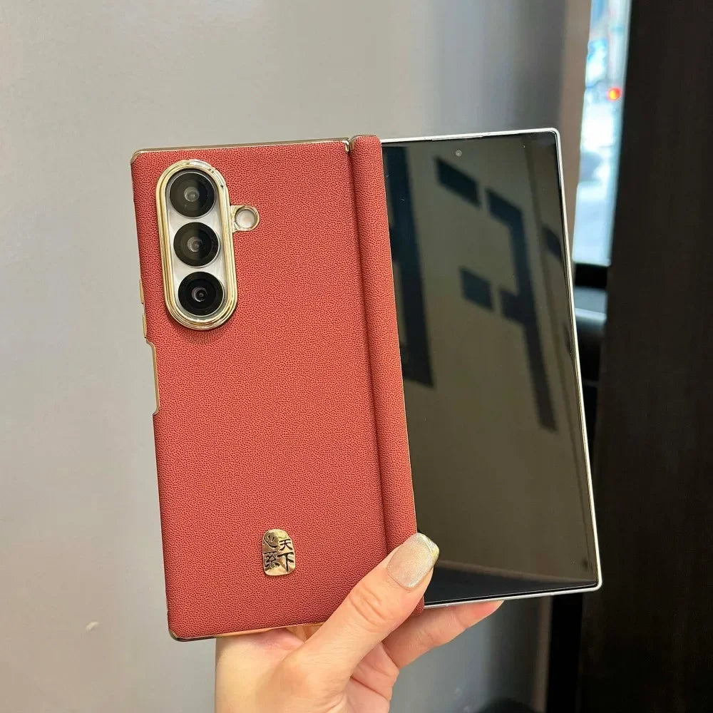 Luxury Leather Glossy Frame Case For Samsung Galaxy Z Fold7 Fold 7 5G Dual Axis Double Hinge Shockproof Armor Back Cover