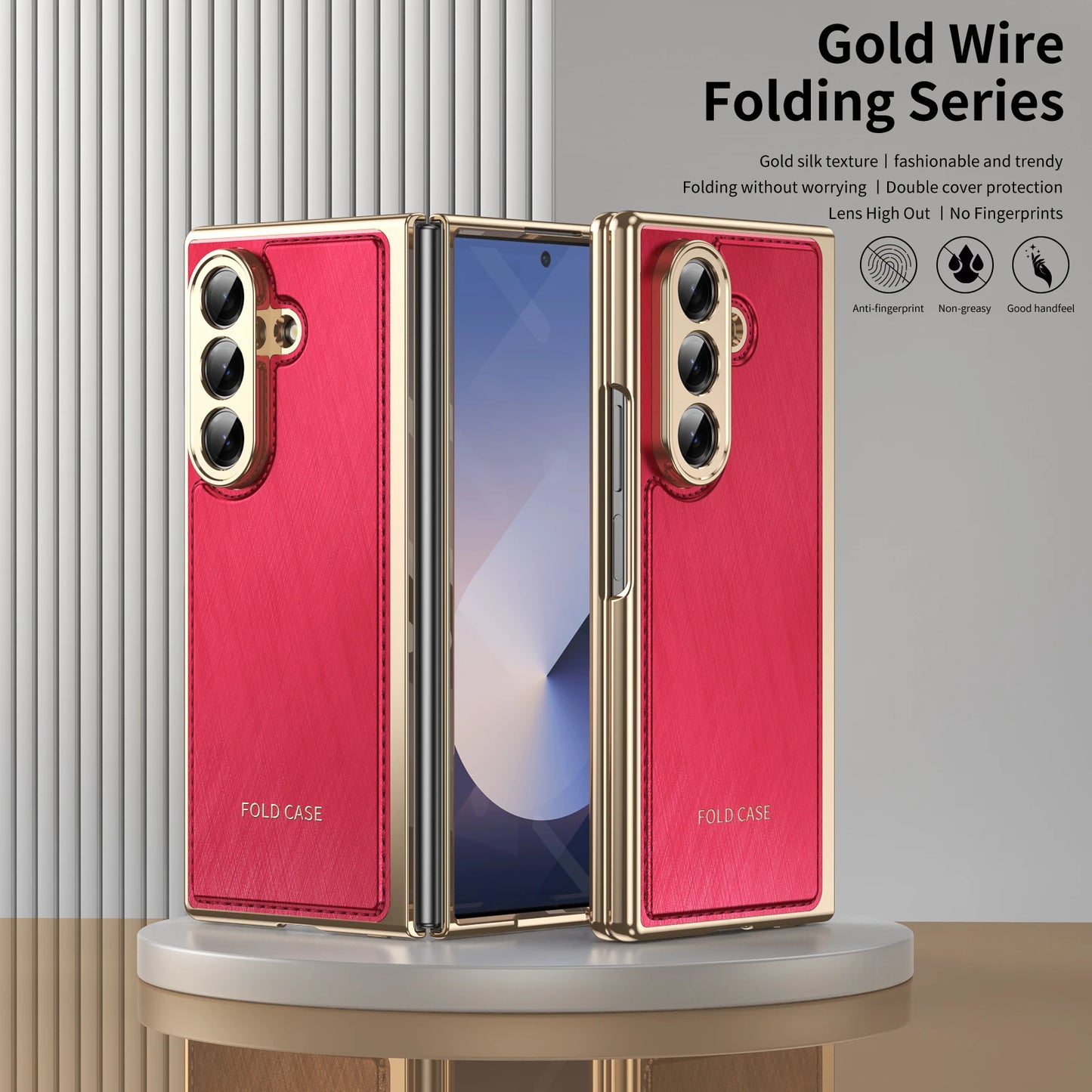 Golden Border Leather Phone Case with Steel Film for Samsung Galaxy Z Fold 7 6 5 4 3 Fold6 Hinge Protection Shockproof Cover