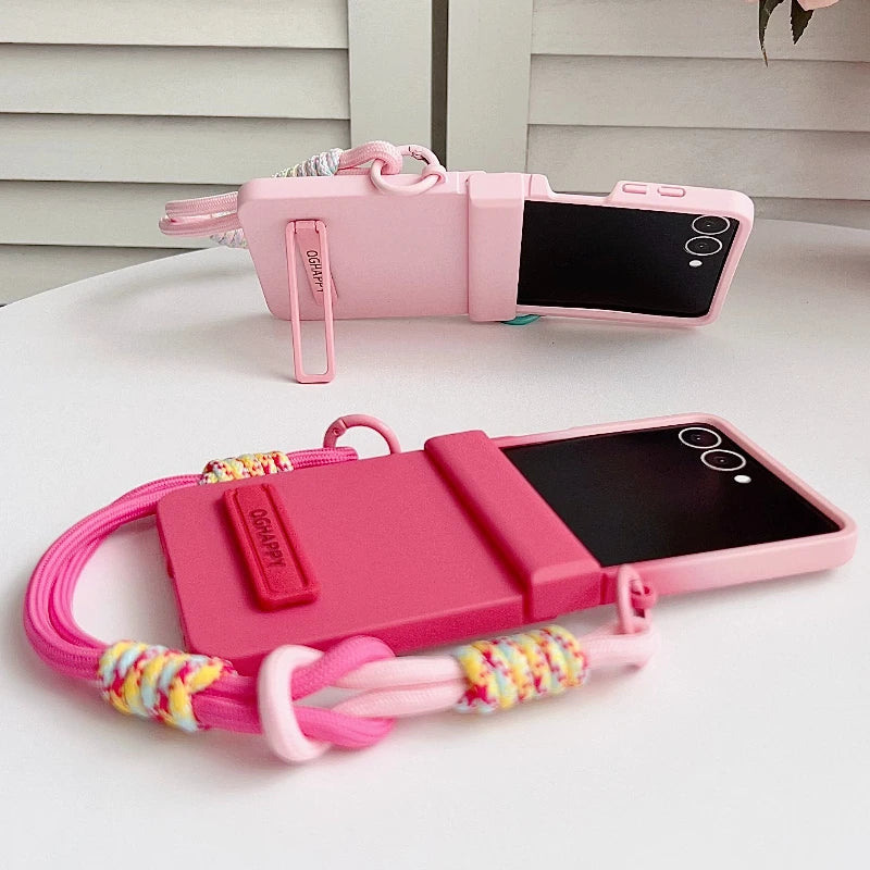 Korean Cute Gradient Color Phone Case For Samsung Galaxy Z Flip 7 6 5 4 3 ZFlip7 Flip6 5G Anti-lost Hand Strap Holder Back Cover