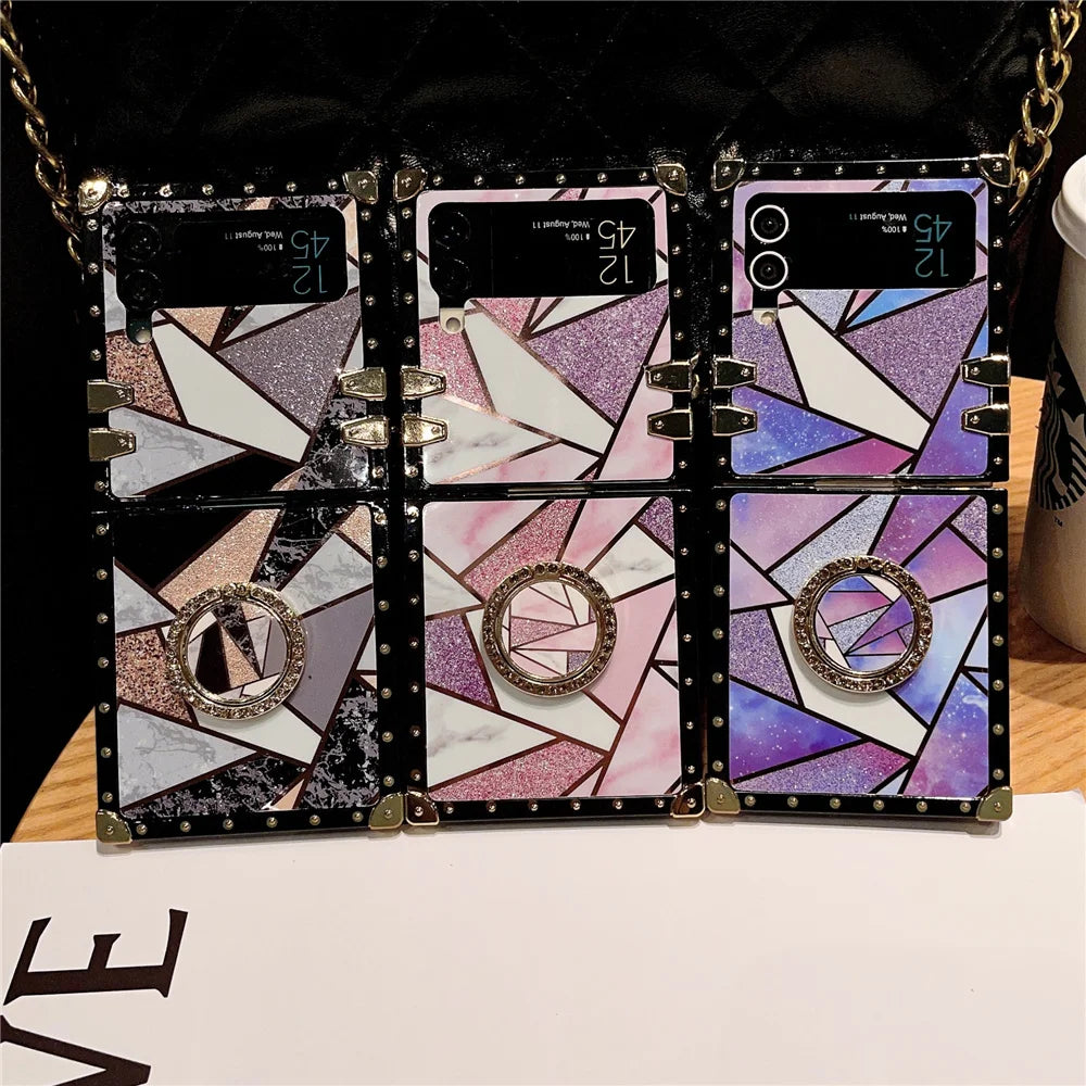 Luxury Glitter Shockproof Geometric Pattern Retro Women Phone Case for Samsung Galaxy Z Flip 7 Flip 6 Z Flip 5 Flip 4 Flip 3