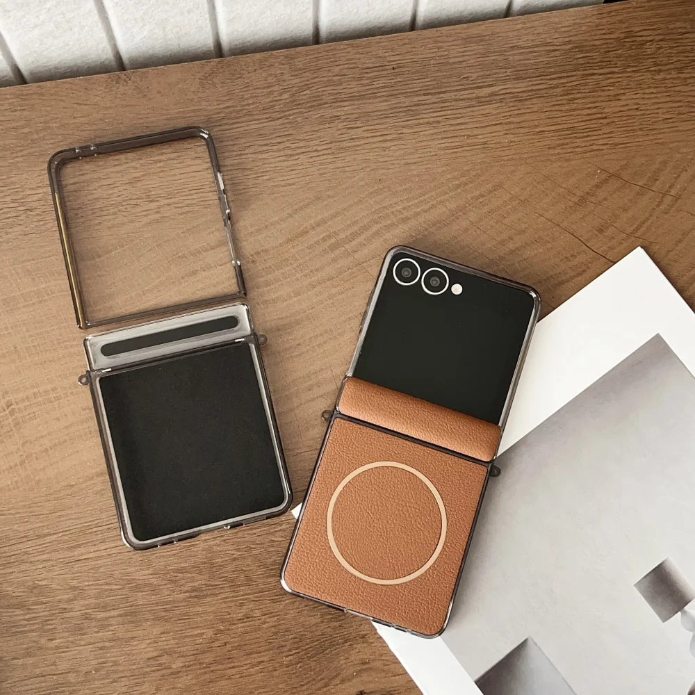 Luxury Plating for Magsafe Case for Samsung Galaxy Z Flip 7 Flip7 ZFlip7 PU Leather Magnetic 360 Hinge Protection Phone Cover