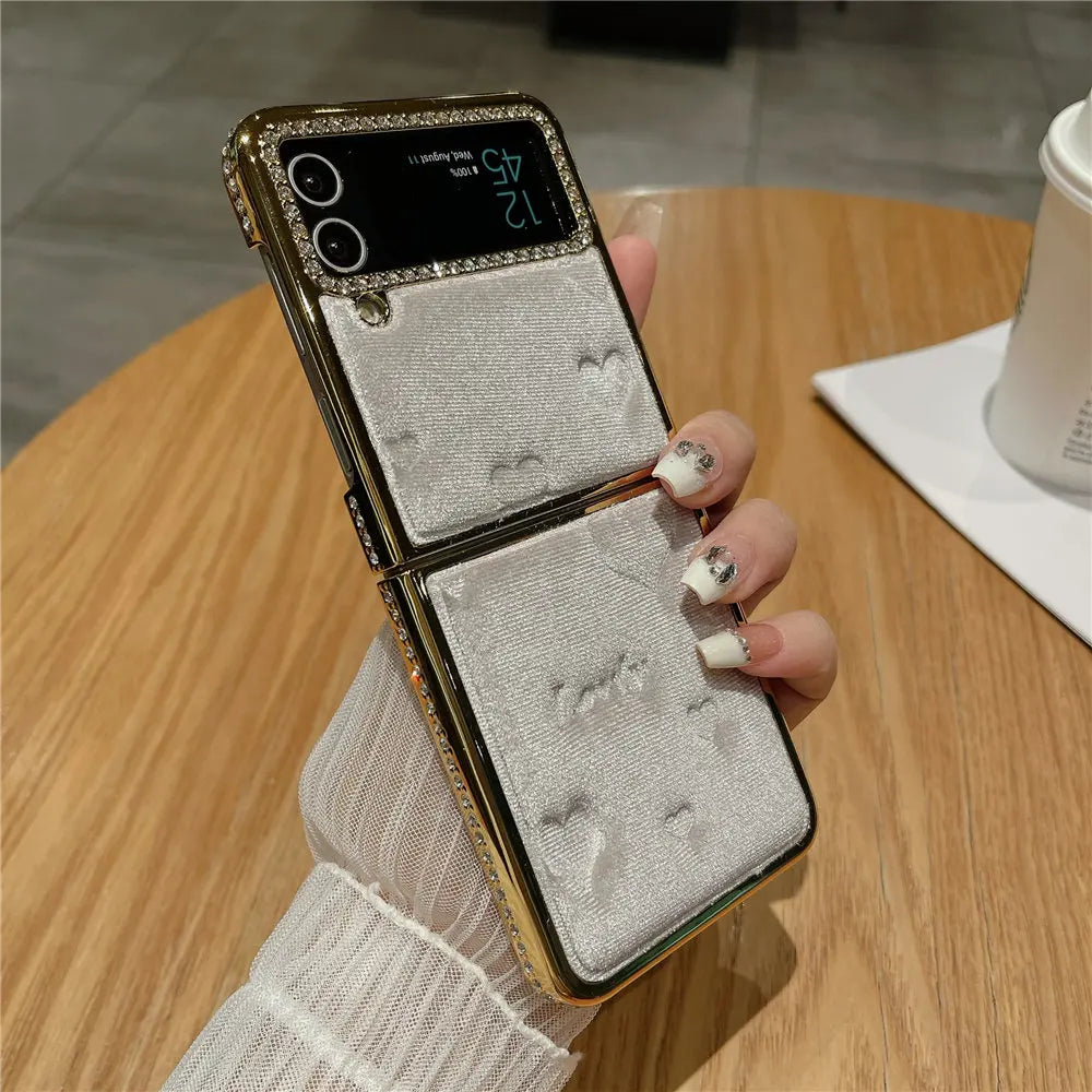 Luxury Bling Diamond Leather Plating Case For Samsung Galaxy Z Flip 6 Flip 5 Flip 3 4 Shockproof Cover Funda